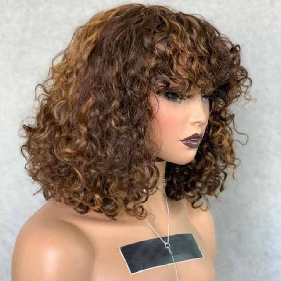 12A Brazilian Piano 4/27 Color Curly Bob Fringe Bangs Wig