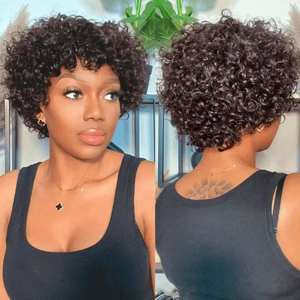 Sleek Natural Color Afro Kinky Curly Bob Human Hair Wigs