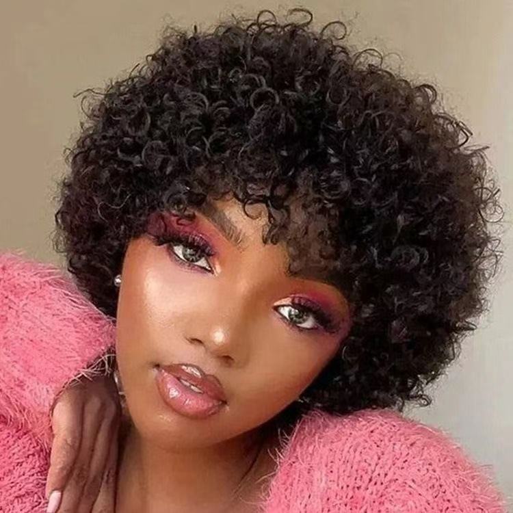 Sleek Natural Color Afro Kinky Curly Bob Human Hair Wigs